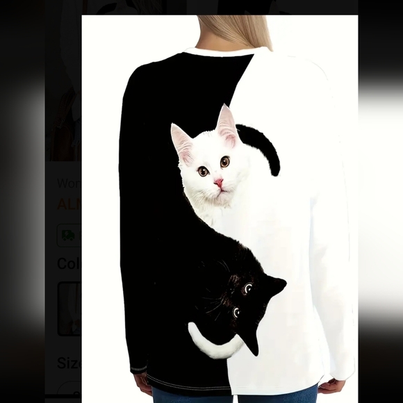 New black/white kitty tee w/ long sleeves and crew neck.  Size large - Picture 2 of 3